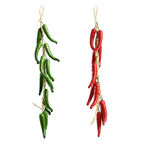 VIOCIWUO Artificial Hanging Pepper String 2 Sets, Simulation Lifelike Hot Chili Vegetable Fruit Garland Vine for Home Kitchen Farm Party Wall Decoration, Red&Green