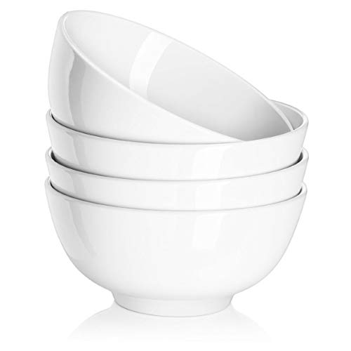 DOWAN 6' Ceramic Soup Bowls & Cereal Bowls - 22 Ounce Bowls Set of 4 for Kitchen - White Bowls for Cereal, Soup, Oatmeal, Rice, Pasta, Salad - Dishwasher & Microwave Safe