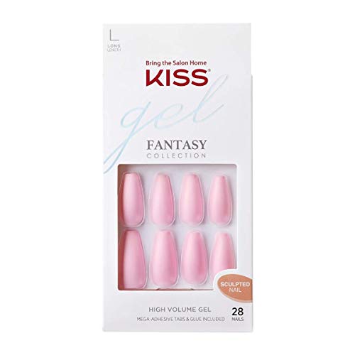 KISS Gel Fantasy Ready-to-Wear Press-On Sculpted Gel Nails, “Beautiful Moment”, Long, Pink, High Arch Nail Kit with 24 Mega Adhesive Tabs, Pink Gel Glue, Manicure Stick, Mini File, and 28 Fake Nails