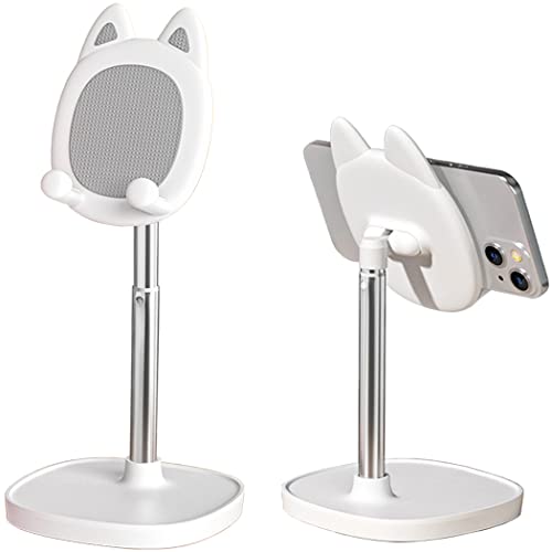Hearsky Cute Cat Phone Stand, Cat Head Cell Phone Holder for Desk,Angle&Height Adjustable Compatible with All Smartphone,iPhone,Samsung,Tablet,iPad-White