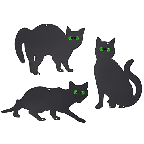 Homarden Halloween Decoration Outdoor - Black Cat Statues, Scare Cats Yard Sign for Halloween Yard Decor - Humane Control Metal Cat Silhouette with Reflective Eyes (Set of 3)