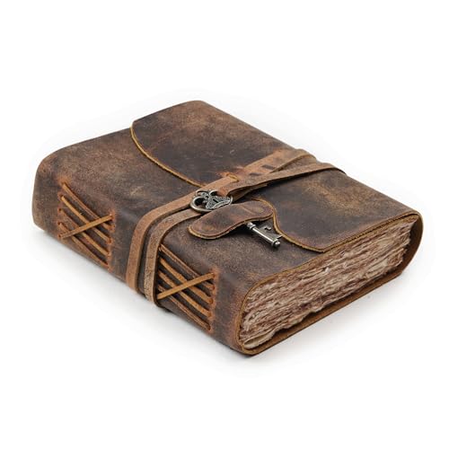 LEATHER VILLAGE Vintage Leather Journal – 200 Handmade Vintage Deckle Edge Paper – Leather bound Journal For Women Men – Vintage Key Closure - Book of Shadows - Cappuccuno Brown - 8X6 inches (A5)