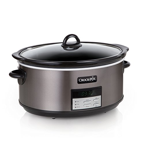 Crockpot 8 Quart Slow Cooker with Auto Warm Setting and Cookbook, Black Stainless Steel