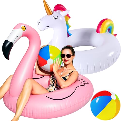 FindUWill 2 Pack 42'' Inflatable Pool Floats Flamingo Unicorn Swim Tube Rings with 2Pcs Beach Balls, Beach Floaties, Swimming Toys, Lake and Beach Floaty Summer Toy, Pool Raft Lounge for Adults Kids