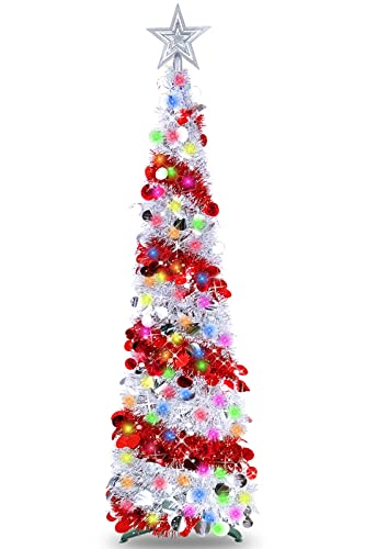 TURNMEON 5 Ft Prelit Christmas Pencil Tree with Timer 50 Color Lights Star, Glitter Slim Pop Up Tinsel Christmas Tree Decorations Battery Operated Xmas Tree Indoor Home Decor(Silver Red)