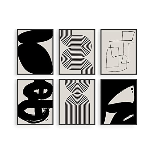 HAUS AND HUES Black Abstract Painting Aesthetic Wall Art- Set of 6, Modern Abstract Wall Art Black and Gray, One Line Abstract Art, Geometric Print Wall Art, Minimalist Wall Art (8' x 10', UNFRAMED)