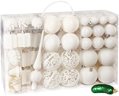 BRUBAKER 101 Pack Assorted Christmas Ball Ornaments - Shatterproof - with Green Pickle and Tree Topper - Designed in Germany - Cream White