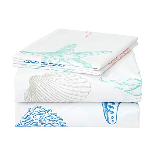 JSD Beach Theme Kids Printed Sheet Set Twin Deep Pocket, 3 Piece Soft Starfish Jellyfish Warm Microfiber Bed Sheets