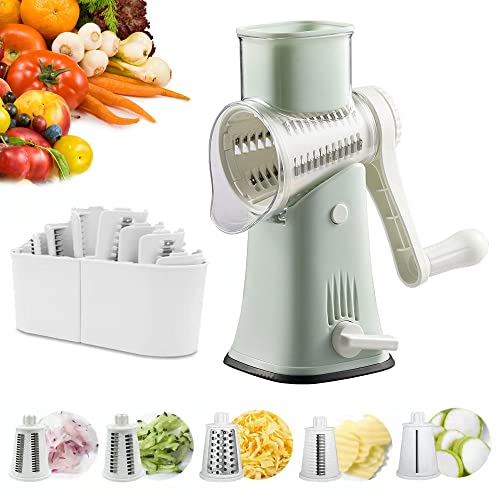 VEKAYA 5 in 1 Rotary Cheese Grater with Handle [5 Interchangeable Stainless Steel Blades] Cheese Shredder Food Vegetable Grader Hand Crank Grater for Kitchen Gift with Bonus Storage Box for Blades