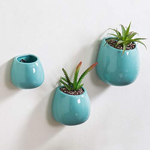 MyGift Aqua Blue Ceramic Wall Hanging Planter Indoor Small Succulent Pot, Set of 3