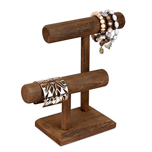 Ikee Design 2 Tier Wooden Jewelry Bracelet Watch Display Tower, Bangle Scrunchie Necklace Holder Storage Stand, 7.9' W x 4.3' D x 9.4' H, Brown Color