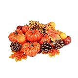 Ogrmar 24 PCS Artificial Pumpkins Set Thanksgiving Fake Pumpkins for Halloween Autumn Harvest Home Decorations, Include 3 Fake Maple Leaf, 6 Fake Pine Cone, 12 Assorted Fake Pumpkins, 3 Berry Cluster