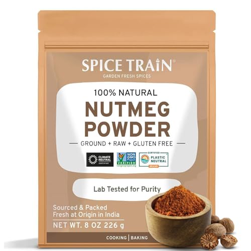 SPICE TRAIN Nutmeg Powder (226g/8oz) Non GMO, Gluten Free, 100% Raw, Sourced from India, For Cooking, Smoothies, Lattes, Packed in Resealable Ziplock Pouch