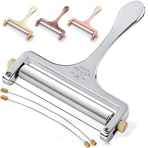 Zulay Cheese Slicer With Adjustable Thickness - Wire Cheese Slicer For Mozzarella Cheese, Cheddar Cheese, Gouda Cheese - Cheese Slicers For Block Cheese Heavy Duty With 2 Extra Wires (Silver)