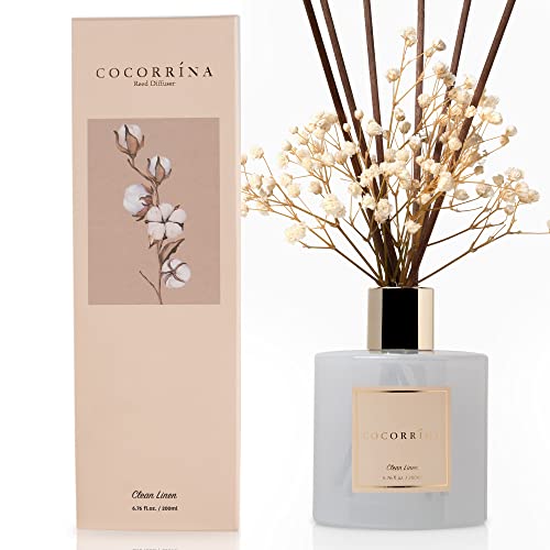 Cocorrína Reed Diffuser Set, 6.7 oz Clean Linen Scented Diffuser with Sticks Home Fragrance Essential Oil Reed Diffuser for Bathroom Shelf Decor, Living Room, Large Room