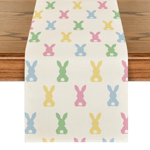 Artoid Mode Green Pink Bunny Rabbit Easter Table Runner, Spring Kitchen Dining Table Decoration for Home Party Decor 13x72 Inch