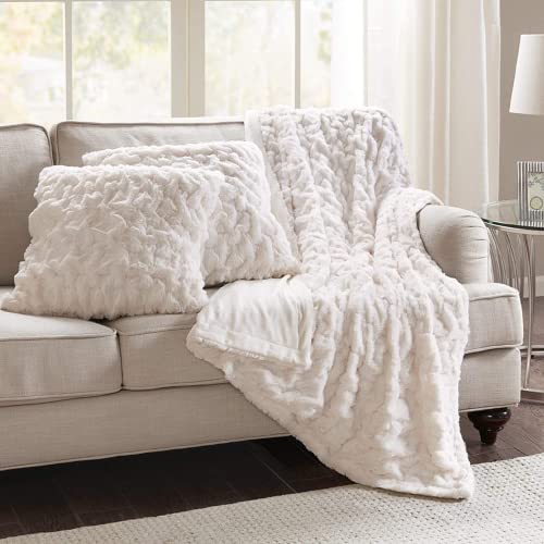 Comfort Spaces Ruched Faux Fur Plush 3 Piece Throw Blanket Set Ultra Soft Fluffy with 2 Square Pillow Covers, 50'x60', Ivory