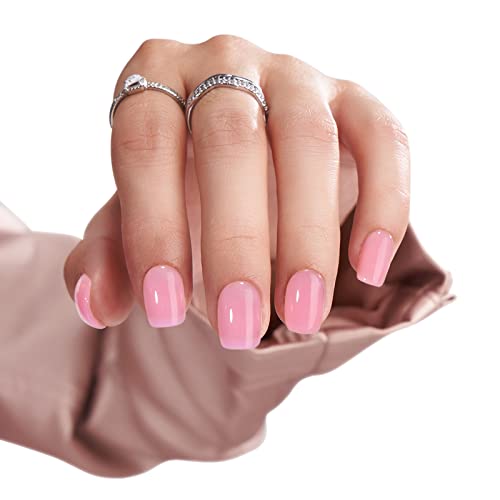 BTArtbox Glossy Pink Press On Nails Short, Reusable Semi-Transparent Square Stick On Nails in 15 Sizes - 30 Soft Gel Glue On Nails Kit, Pink Soda
