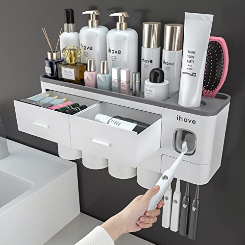 iHave Toothbrush Holders for Bathrooms, 4 Cups Toothbrush Holder Wall Mounted with Toothpaste Dispenser - Large Capacity Tray, 2 Cosmetic Drawer - Bathroom Organizer & Bathroom Accessories Set