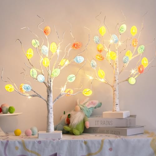PEIDUO Easter Decorations, 22' Easter Tree Lighted Tabletop with 36 Cracked Egg, Easter Egg Tree for Spring Decoration, 2PK Pre-lit White Birch Tree for Indoor Home Decor, USB and Battery Powered