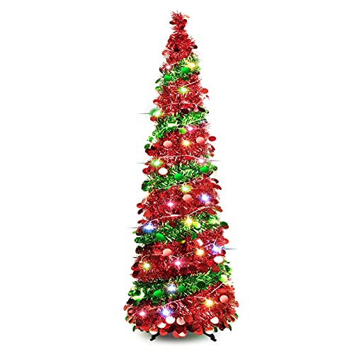 5 FT Christmas Trees with Lights, Collapsible Artificial Sequin Pop Up Christmas Tree, Tall Skinny Pencil Tinsel Christmas Trees with Stand Xmas Tree for Apartment Basement Fireplace Home Office