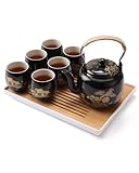 Dujust Japanese Tea Set, Black Porcelain Tea Set with 1 Teapot Set, 6 Tea Cups, 1 Tea Tray, 1 Stainless Infuser, Beautiful Asian Tea Sets for Adults, Tea Lover/Women/Men (Countryside in Golden)