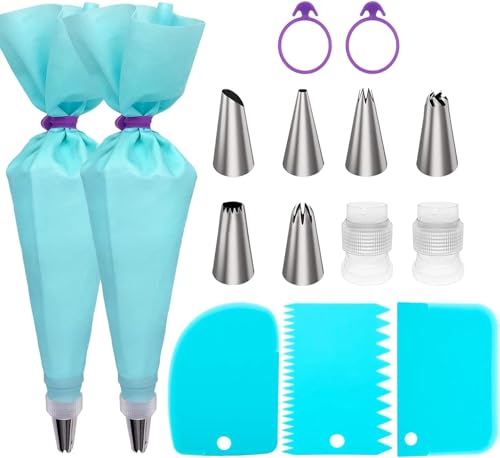Piping Bags and Tips Set, Frosting Piping Kit for Baking with Reusable Pastry Bags and Tips, Standard Converters, Silicone Rings, Cake Decorating Tools Supplies for Cookie Icing, Cupcake