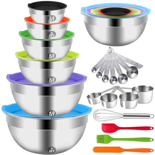 Mixing Bowls with Lid Set, 23PCS Kitchen Utensils Metal Bowl Stainless Steel Nesting Bowls, Measuring Cups and Spoons, Egg Whisk for Baking Prepping Cooking Serving Supplies