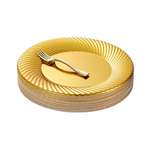 N9R 60pcs Gold Plastic Dessert Plates with Mini Forks, Include 30pcs Disposable Dessert Plates 7 inch, 30pcs Gold Appetizer Forks 3.94 inch, Premium and Comfortable for Wedding Birthday Party