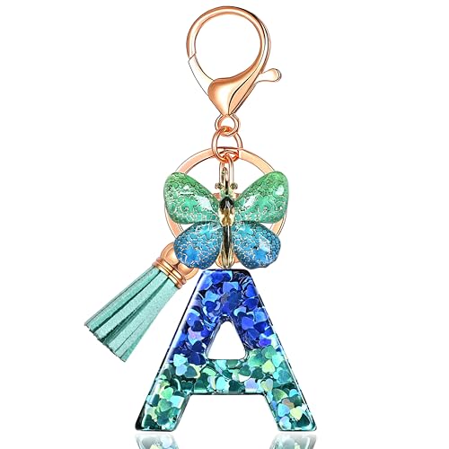 JINGUAZI Initial letter Keychains for Women Tassel Butterfly Pink Purple Cute Car Keychain for Wallet Backpack bag charm