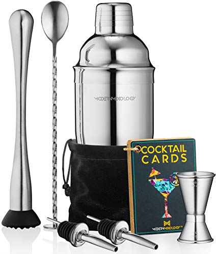 Mixology Cocktail Shaker Set Drink Mixer, 8-Piece Portable Bartender Kit with 24oz Martini Shaker Barware Tool Set, 2 Pourers, Muddler, Jigger, Mixing Spoon, Velvet Bag, Built-in Strainer (Silver)