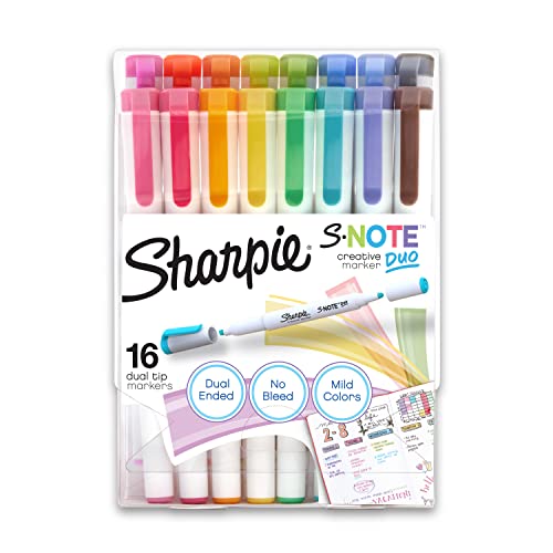 SHARPIE S-Note Duo Dual-Ended Creative Markers, Part Highlighter, Part Art Marker, Assorted Colors, Fine and Chisel Tips, Includes Stand-up Easel, 16 Count