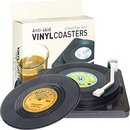 Funny Retro Record Coasters for Drinks with Vinyl Player Holder for Music Lovers,Set of 6 Conversation Piece Sayings Drink Coaster,Housewarming Hostess Wedding Registry Gift Ideas