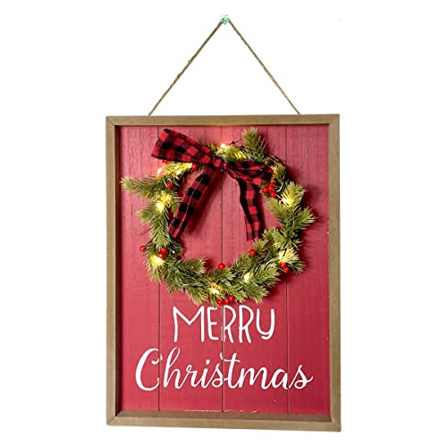 HOMirable Merry Christmas Sign with Wreath LED Lighted Decor Home Holiday Farmhouse Decoration Vintage Rustic Wood Wall Hanging Door Ornament Yard Wall Art Plaque Gift