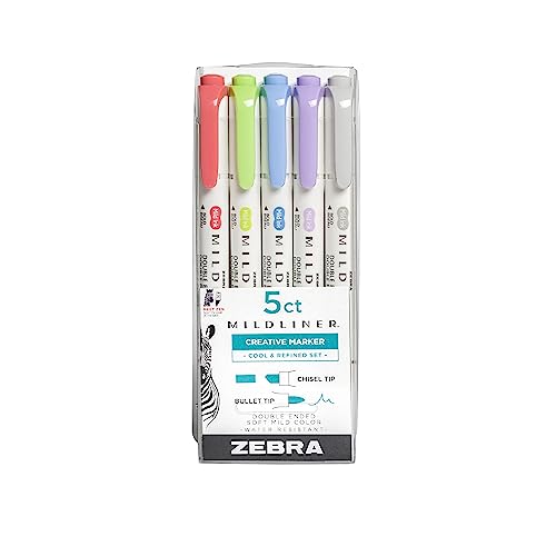 Zebra Pen Mildliner Double Ended Highlighter Set, Broad and Fine Point Tips, Assorted Cool and Refined Ink Colors, 5-Pack
