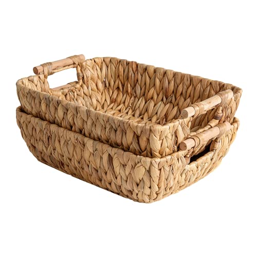 StorageWorks Hand-Woven Large Storage Baskets with Wooden Handles, Water Hyacinth Wicker Baskets for Organizing, 2-Pack