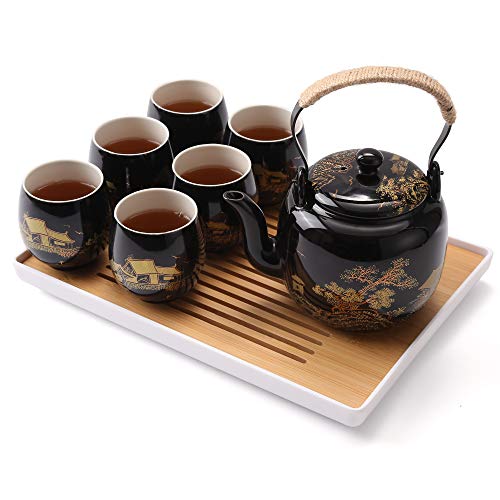 Dujust Japanese Beautiful Asian Porcelain Tea Set, Black with 1 Teapot, 6 Tea Cups, 1 Tea Tray, 1 Stainless Infuser for Adults, Tea Lover/Women/Men (Countryside in Golden)