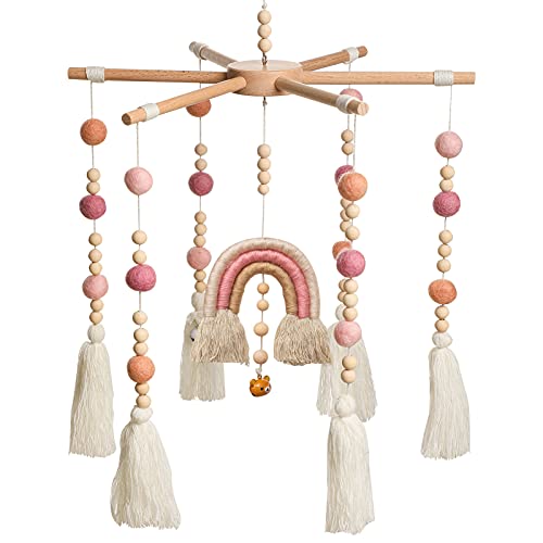 Baby Crib Mobile - Rainbow Crib Mobile Wooden Mobile with Colorful Cotton Ball Wool Felt Ball Boho Baby Mobile Bassinet Mobile for Crib Toy Mobile for Baby Nursery and Ceiling Decoration ( Pink )