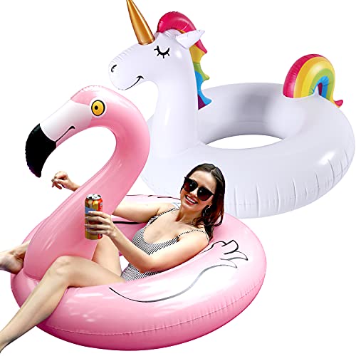 FindUWill 2 Pack 42'' Inflatable Pool Floats Flamingo Unicorn Swim Tube Rings, Beach Floaties, Swimming Toys, Lake Floaty Summer Float Raft Lounge for Adults Kids