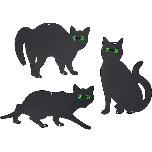 Homarden Halloween Decoration Outdoor - Black Cat Statues, Scare Cats Yard Sign for Halloween Yard Decor - Humane Control Metal Cat Silhouette with Reflective Eyes (Set of 3)