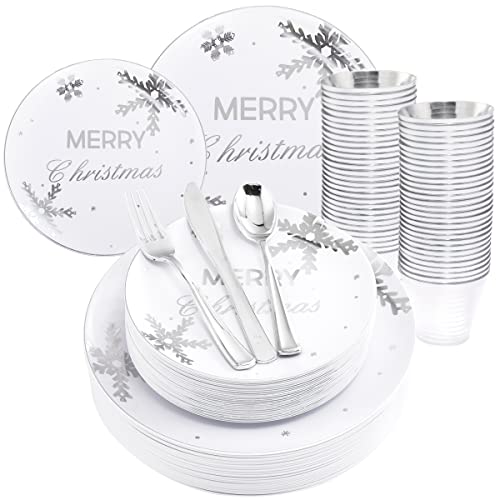 KIRE 25 Guest Christmas Plates - White Plastic Plates with Silver Snowflake Christmas Plastic Plates & Silver Disposable Plastic Silverware & Clear Silver Cups for Christmas Party Supplies