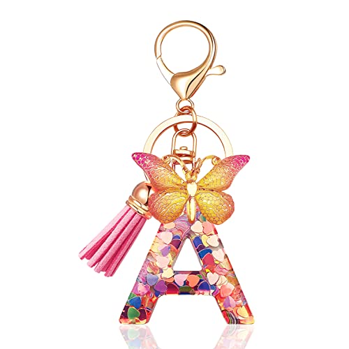JINGUAZI Initial letter Keychains for Women Tassel Butterfly Pink Purple Cute Car Keychain for Wallet Purses Backpack