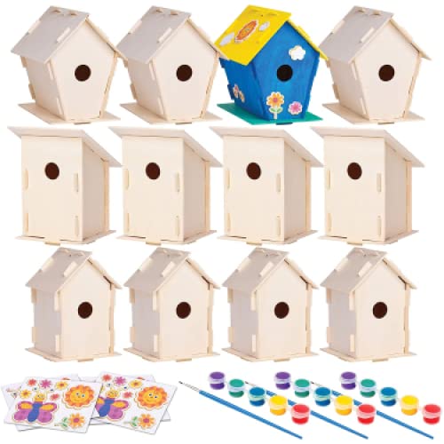 Neliblu 12 Wooden Birdhouses - Kids Bulk Arts and Crafts Set for Girls & Boys - 12 DIY Unfinished Wood Birdhouse Kits, 12 Paint Strips, 12 Brushes & Stickers - Bird House Kits for Children to Build