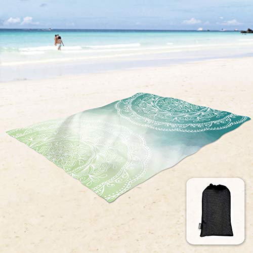 Sunlit Silky Soft 85'x72' Boho Sand Proof Beach Blanket Sand Proof Mat with Corner Pockets and Mesh Bag for Beach Party, Travel, Camping and Outdoor Music Festival, Tiffany Green Mandala