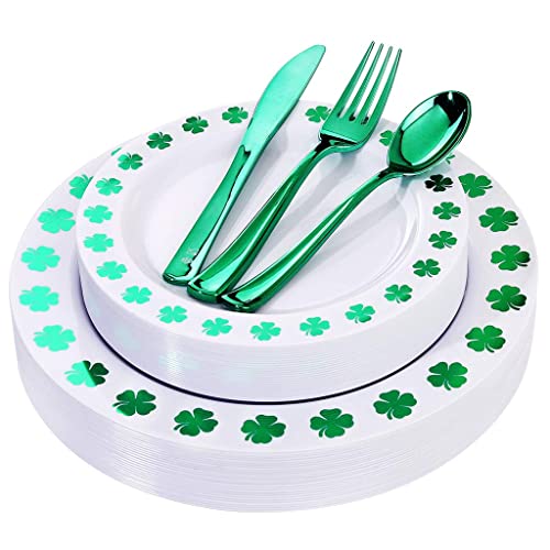 WDF 25Guest St Patrick’s Day Plates - Green Plastic Plates with Shamrock Clover & Disposable Plastic Silverware - Premium White and  Green Plastic Dinnerware for St. Patrick’s Day