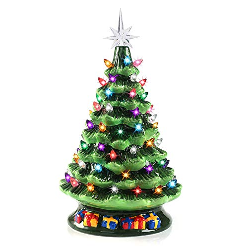 15' Tabletop Prelit Ceramic Christmas Tree with 70 Multicolor Lights, Hand-Painted Ceramic Tabletop Christmas Tree for Christmas Holiday Indoor Decorations