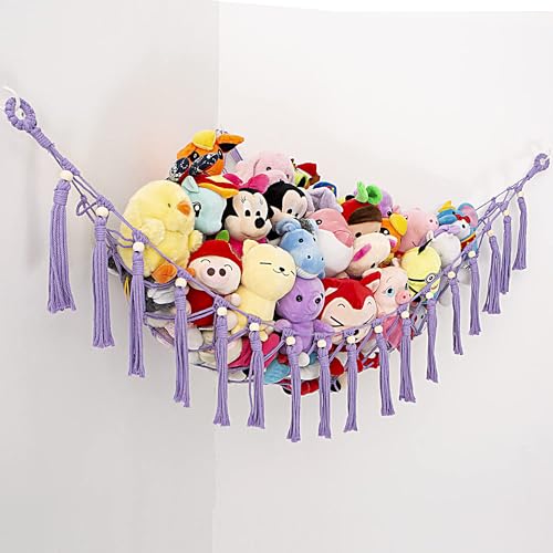 YKBU Stuffed Animal Net or Hammock Macrame Toy Hammock stuffed animal storage plush toy holder (Triangle, Purple)