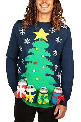 Tipsy Elves' Men's Christmas Tree with Beer Holsters Pullover - Funny Blue Ugly Christmas Sweater Size Medium
