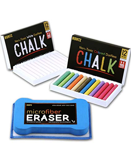 Huntz Dustless Chalk With Microfiber Eraser (Washable & Reusable) (12 White Chalks 12 Colored Chalks With Eraser)
