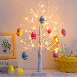PEIDUO Easter Decorations for Home, 2FT 24LT Easter Egg Tree Lighted with Battery Powered and Timer, Lighted Easter Trees Decor, Pre-lit White Birch Tree for Party Spring Decor